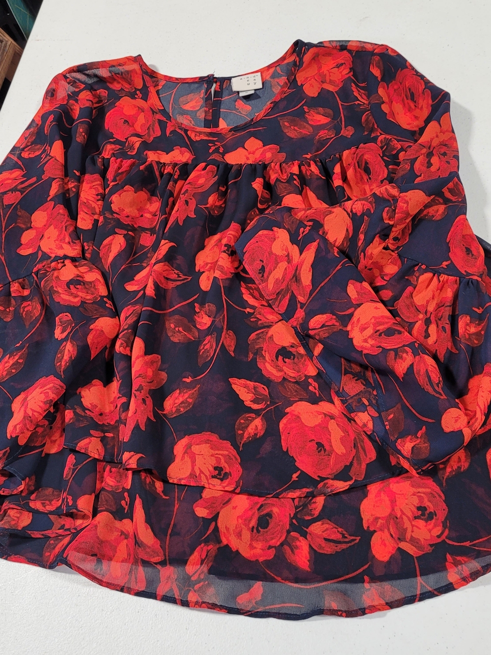 a new day Navy Blouse with Red Floral Print